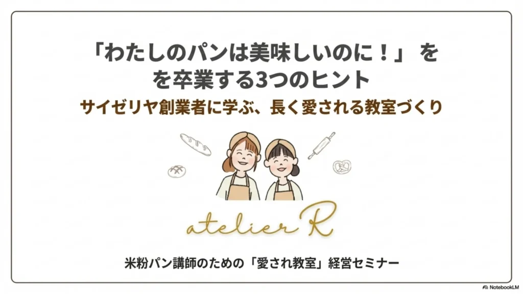 「わたしのパンは美味しいのに！」を卒業する3つのヒント〜サイゼリヤ創業者に学ぶ長く愛される教室づくり〜と書かれた表紙スライド