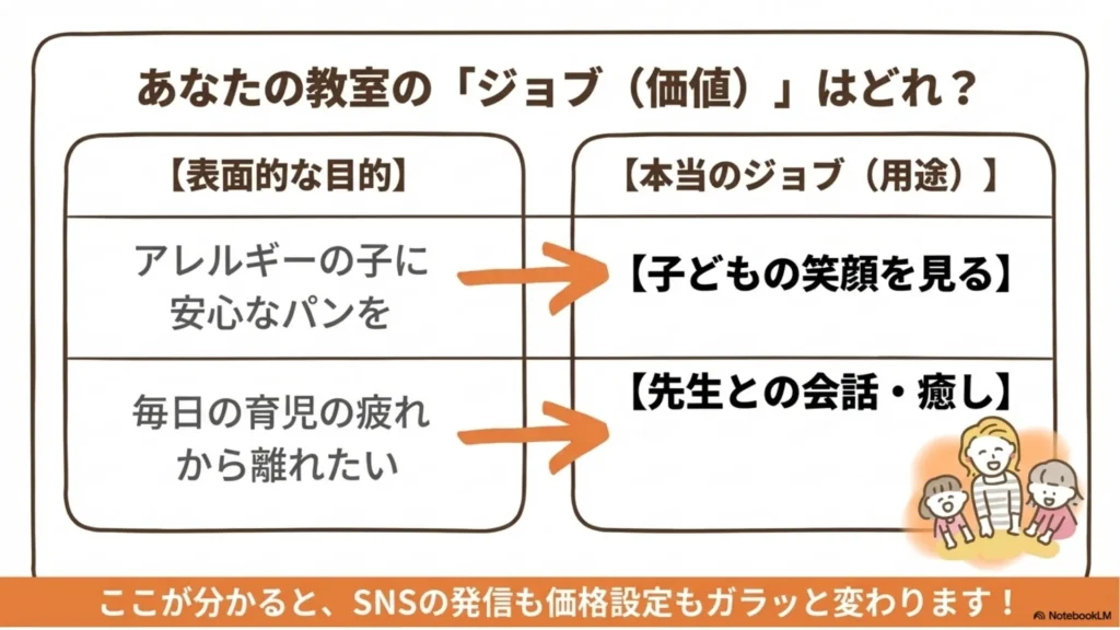 あなたの教室の「ジョブ(価値)」はどれ？比較表：表面的な目的（アレルギーの子に安心なパン／毎日の育児疲れから離れたい）→本当のジョブ用途（子どもの笑顔を見る／先生との会話・癒し）を示すスライド