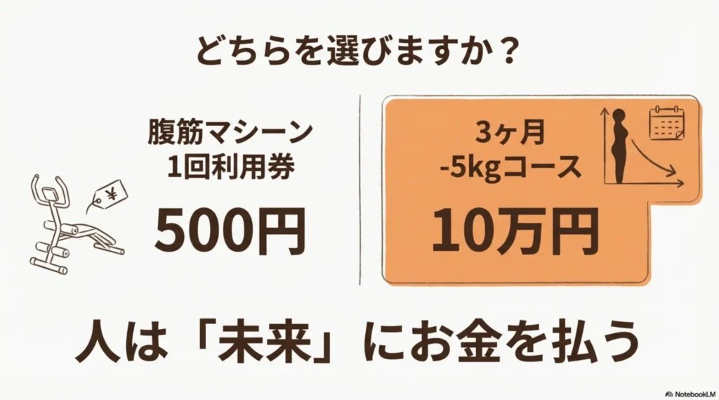 腹筋マシーン500円と3ヶ月10万円ダイエットコースの比較で「人は未来にお金を払う」を示す図解