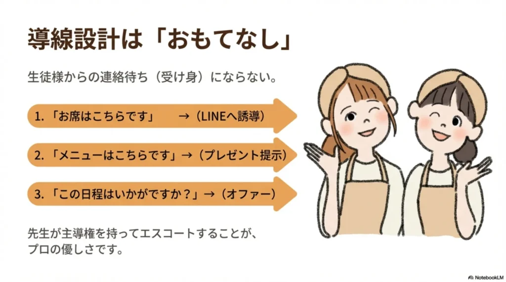 米粉パン教室の導線設計はおもてなし：席への誘導（LINE誘導）→メニューはこちら（プレゼント提示）→この日程はいかが（オファー）の3ステップ