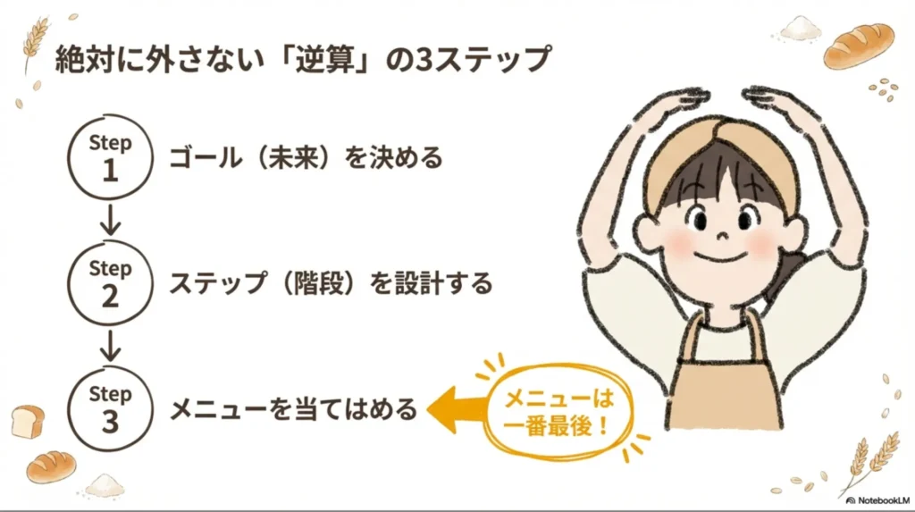 米粉パン教室の絶対に外さない逆算商品設計3ステップ：Step1ゴール（未来）を決める→Step2ステップ（階段）を設計する→Step3メニューを当てはめる（メニューは一番最後）の図解