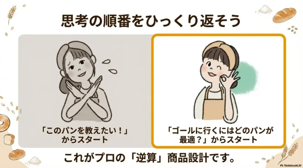 米粉パン教室のプロの逆算商品設計：「このパンを教えたい」からスタートではなく「ゴールに行くにはどのパンが最適？」からスタートする思考の順番転換を示す図解
