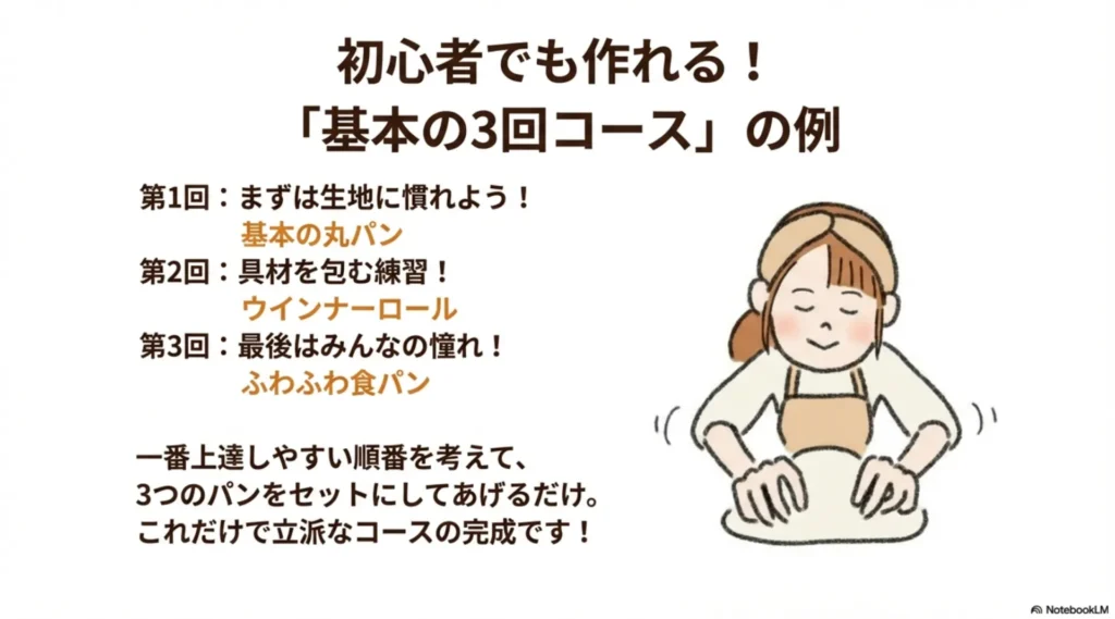 米粉パン教室の初心者でも作れる基本の3回コース例：丸パン→ウインナーロール→食パンのステップアップ設計を示す図解
