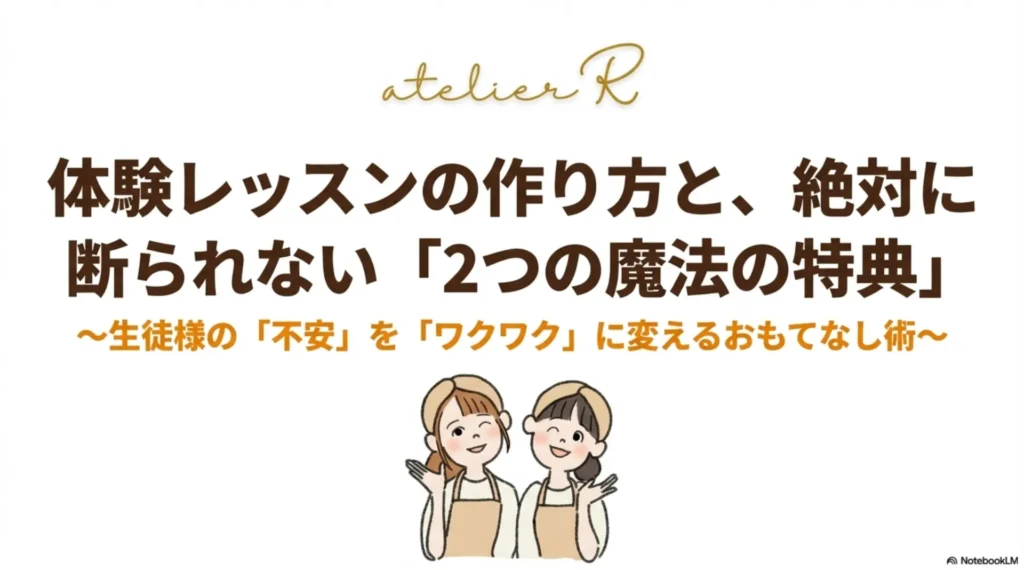 体験レッスンの作り方と絶対に断られない2つの魔法の特典を解説するスライド表紙