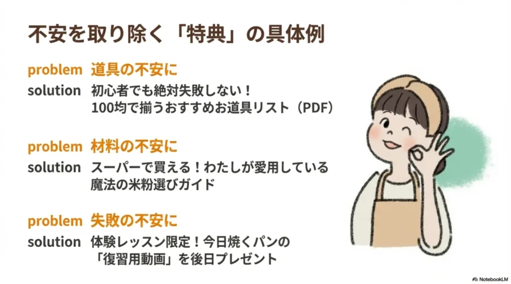 米粉パン教室の体験レッスン申込前の不安を取り除く特典の具体例:道具・材料・失敗の3つの不安に対応するプレゼントを解説する図解