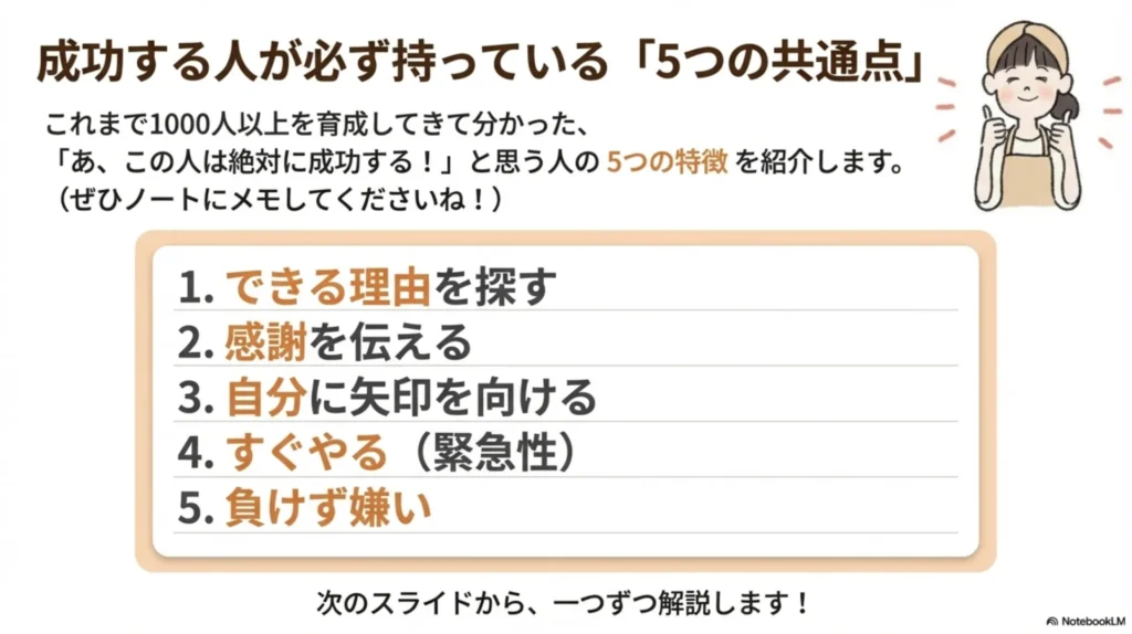 成功する人が必ず持っている「5つの共通点」を一覧で紹介するスライド。①できる理由を探す、②感謝を伝える、③自分に矢印を向ける、④すぐやる（緊急性）、⑤負けず嫌い、の5項目を箇条書きで提示