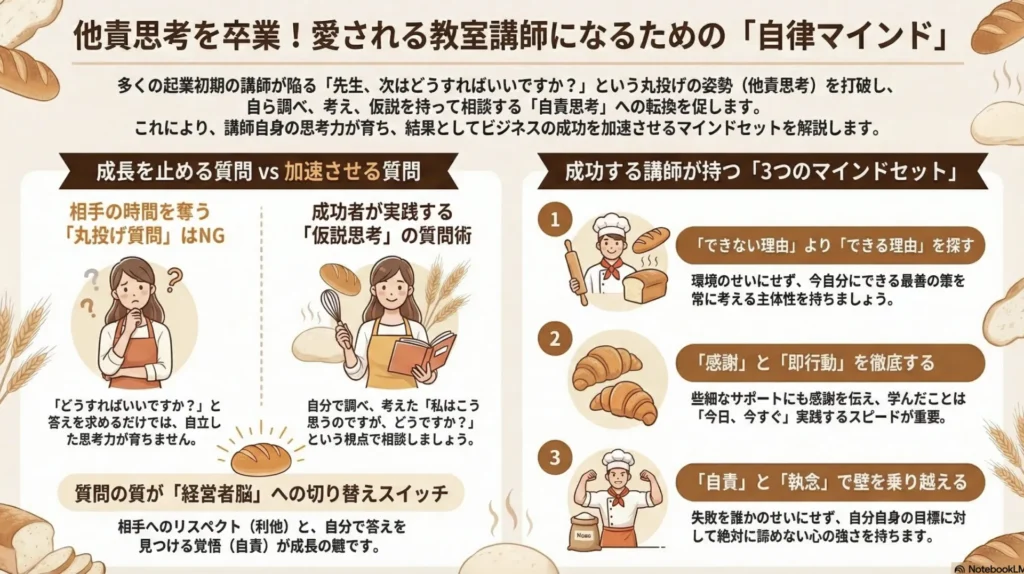 「他責思考を卒業！愛される教室講師になるための自律マインド」を解説した網羅型インフォグラフィック。成長を止める丸投げ質問と成功する講師が実践する仮説思考の質問術を比較し、できる理由を探す・感謝と即行動・自責と執念で壁を乗り越える、という3つのマインドセットを図解で紹介