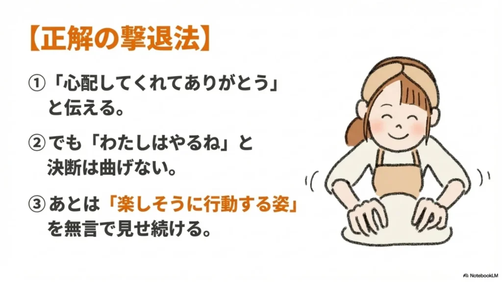 正解の撃退法」を解説したスライド。①「心配してくれてありがとう」と伝える、②でも「わたしはやるね」と決断は曲げない、③あとは「楽しそうに行動する姿」を無言で見せ続ける、の3ステップを順番に提示