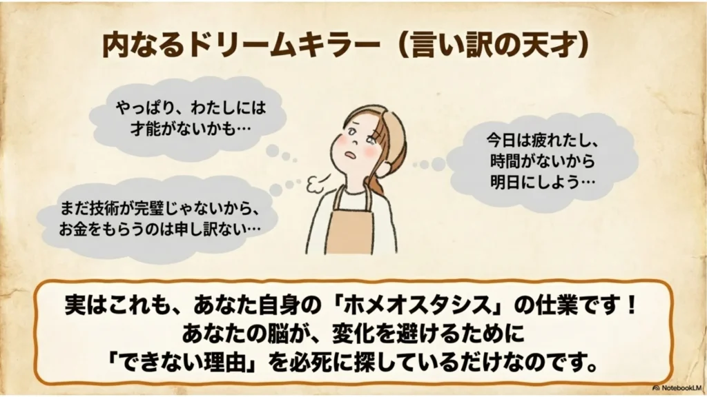 「内なるドリームキラー（言い訳の天才）」を解説するスライド。「やっぱりわたしには才能がないかも」「今日は疲れたし時間がないから明日にしよう」「まだ技術が完璧じゃないからお金をもらうのは申し訳ない」という3つの内なる言い訳が吹き出しで描かれ、実はこれもあなた自身の『ホメオスタシス』の仕業で脳が変化を避けるために『できない理由』を必死に探しているだけ、と説明