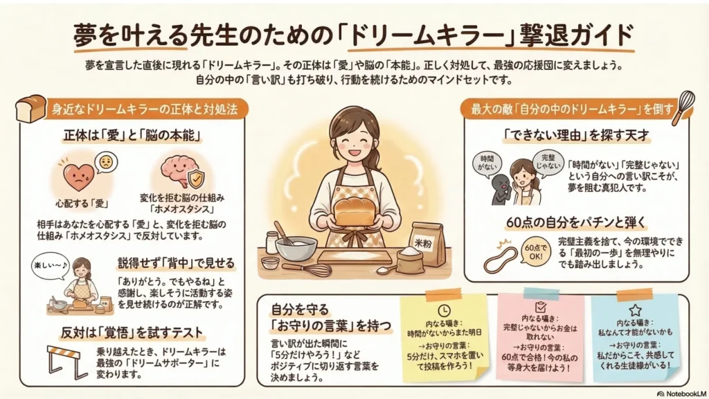 「反対する2つの本当の理由」を解説した図解。①あなたへの「愛」（失敗して傷つくのを見たくない。本気で心配しているからこその愛の形）、②「ホメオスタシス」（脳の現状維持システム。脳は変化を異常に嫌い、今まで通りが一番安全だと判断する防衛本能）の2つを並べて解説